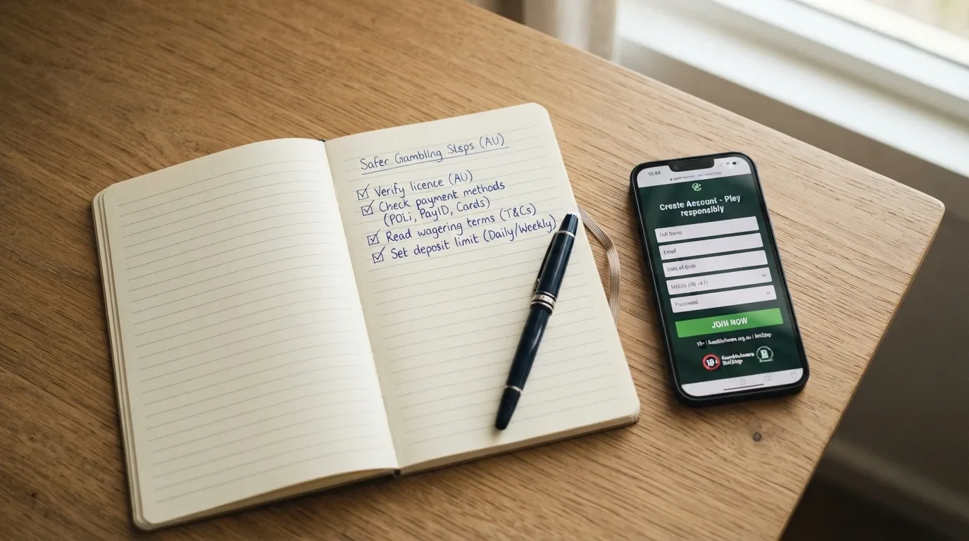 A desk-level composition of a notebook with a handwritten checklist — “Verify licence,” “Check payment methods,” “Read wagering terms,” “Set deposit limit” — beside a smartphone showing a casino sign-up page, natural light