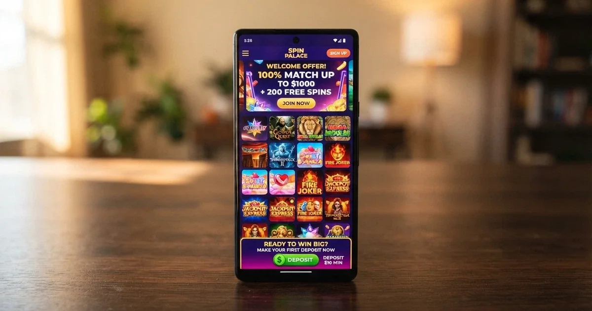A smartphone screen showing the Pocket Pokies casino lobby with colourful pokies tiles, a welcome bonus banner and an AUD deposit prompt