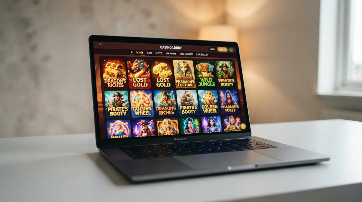 A grid of online pokies game tiles with title artwork, provider logos and category filters visible on screen