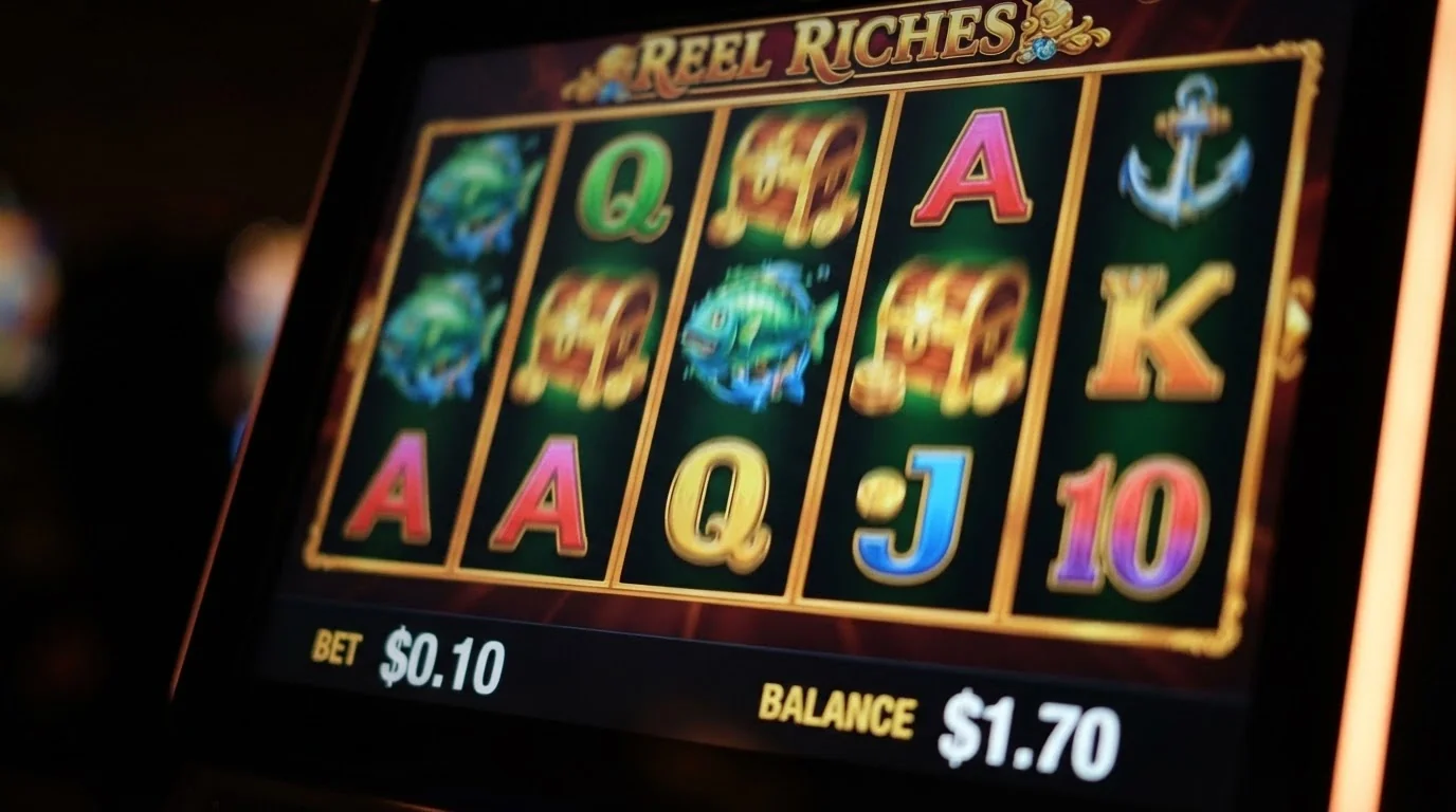 A close-up of a pokie screen mid-spin with five reels visible, the bet display showing “$0.10” and the balance showing “$1.70” after three spins