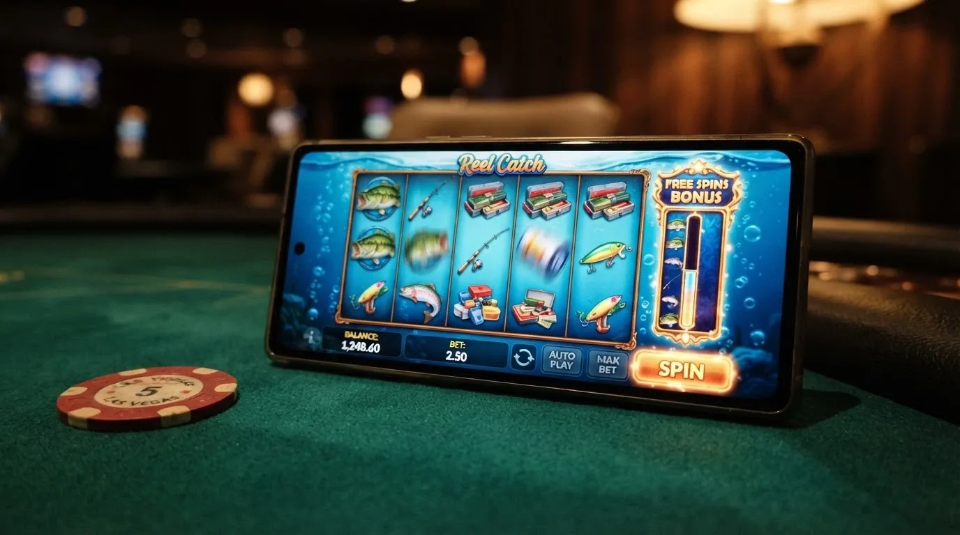 An Android phone in landscape orientation displaying a Big Bass Bonanza game screen with the reels mid-spin and the fishing-theme graphics visible