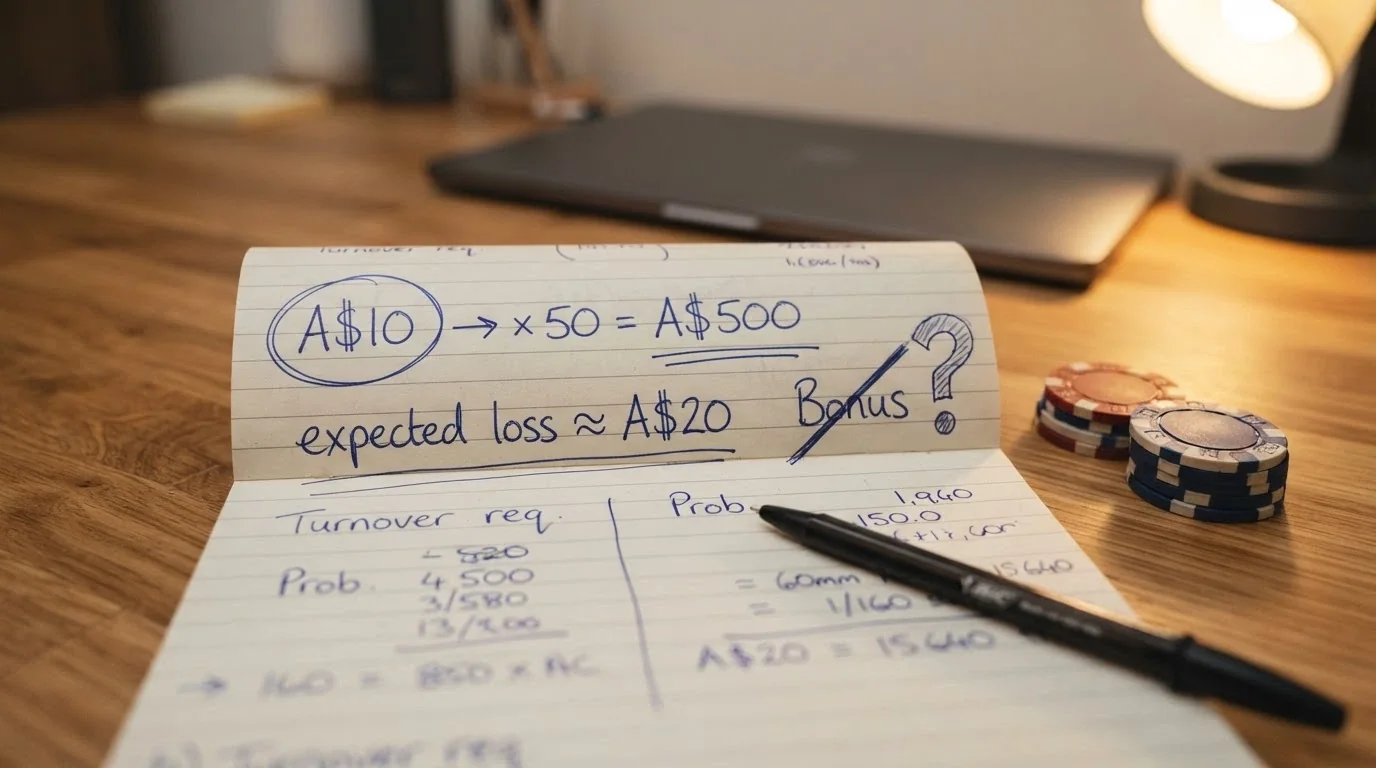 A simple notepad-style calculation showing a A$10 deposit turning into a A$500 wagering requirement with the expected loss pencilled beside it, crossed out and a question mark written next to the bonus