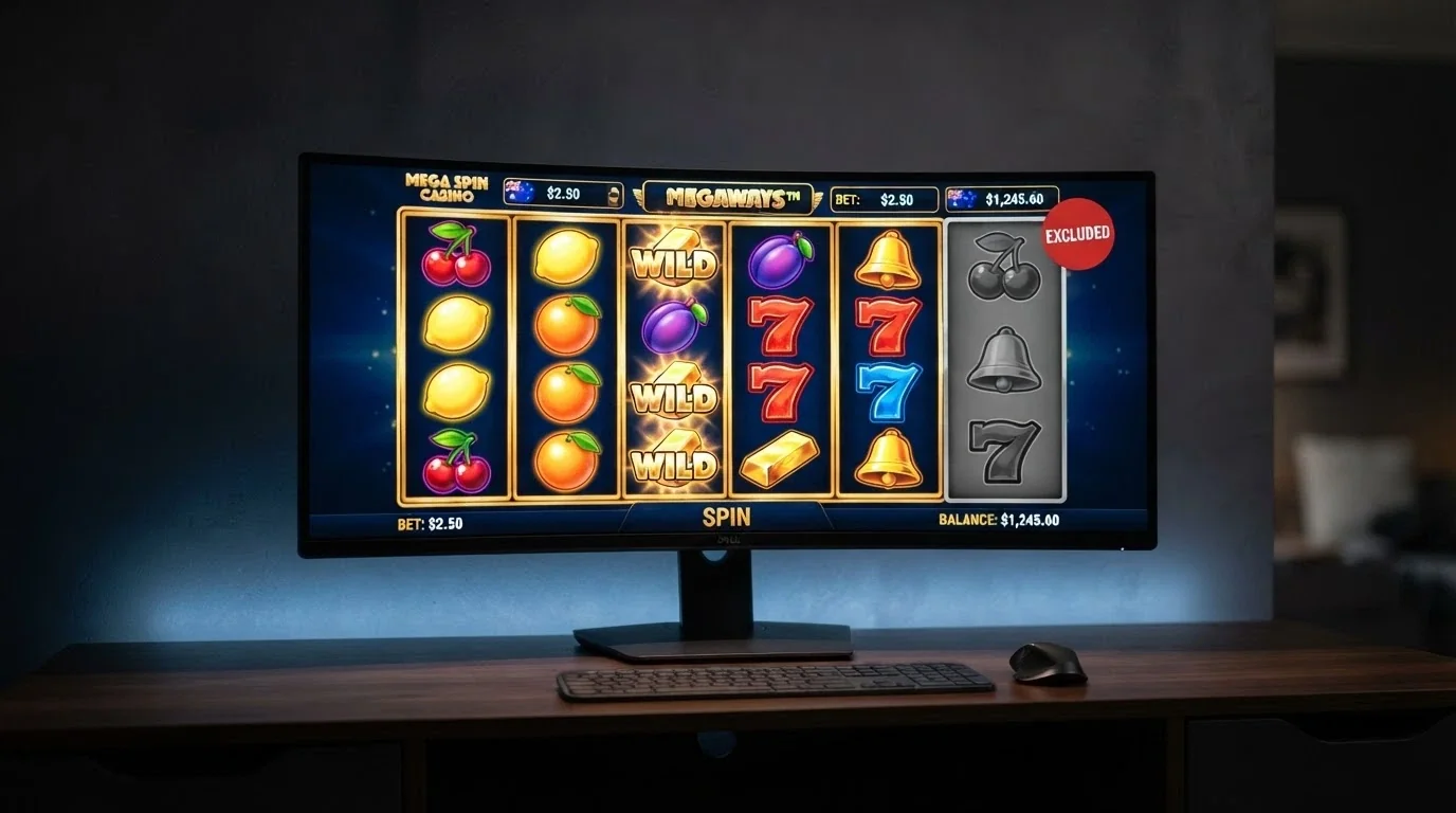 A row of online pokies reels with one title greyed out and marked excluded from bonus play