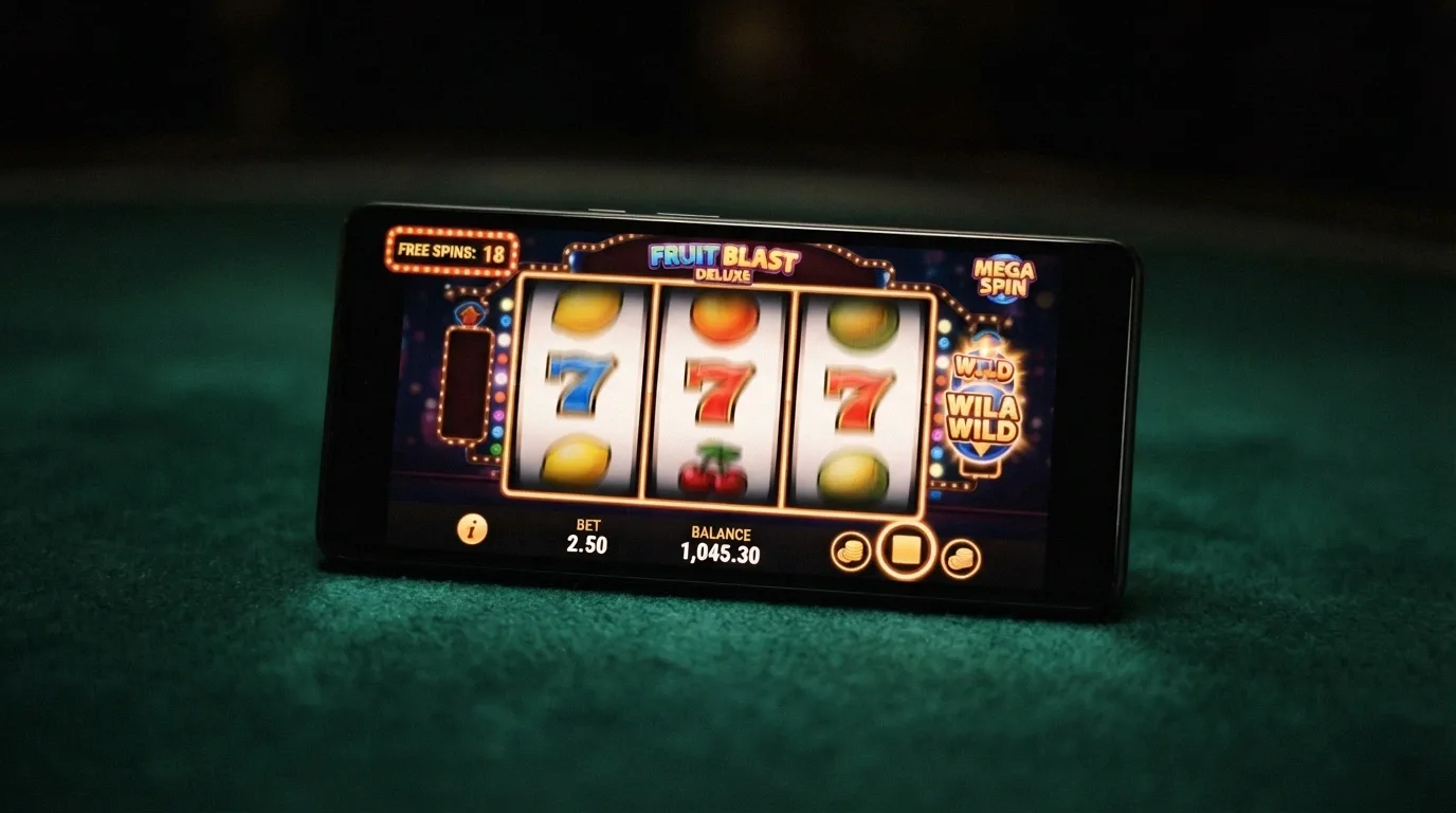 A row of online pokies reels mid-spin with a “free spins” counter visible in the corner of the screen
