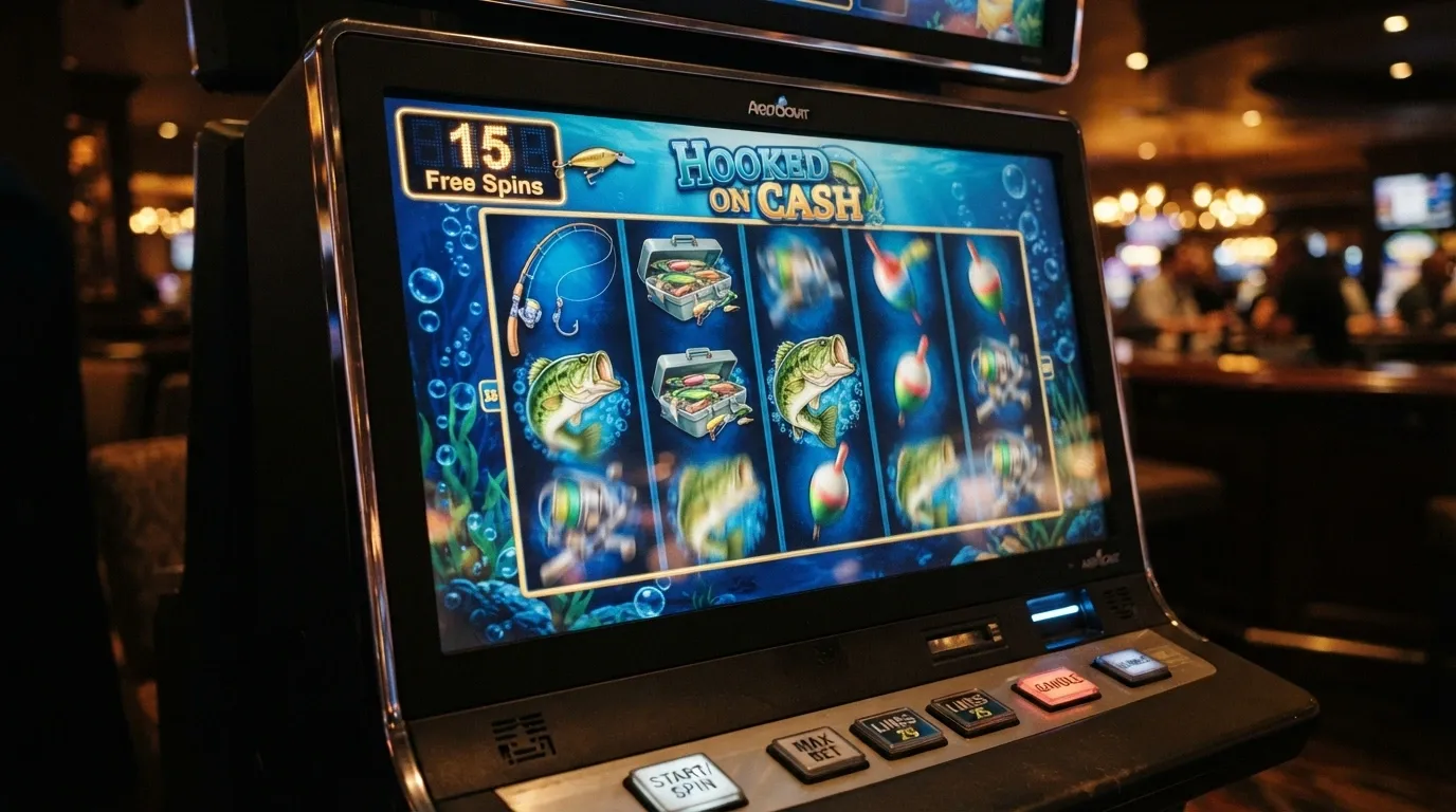 A colourful in-game screenshot of an online pokie with spinning reels, overlaid with a free-spins counter