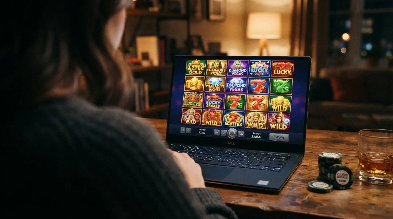 A casino app screen showing a grid of pokies tiles including recognisable titles from NetEnt and Pragmatic Play
