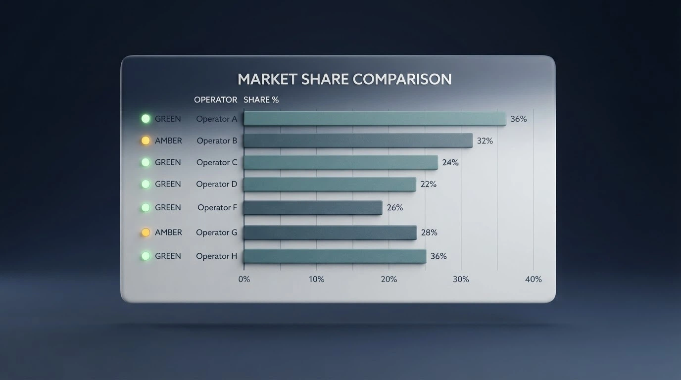 Comparison table of online pokies operators with market-share bars and licence-status indicators