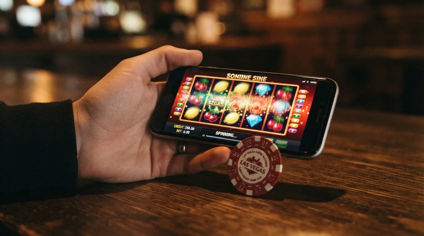 A close-up of colourful online-pokie reels on a smartphone, a single Australian one-dollar coin resting against the phone's edge