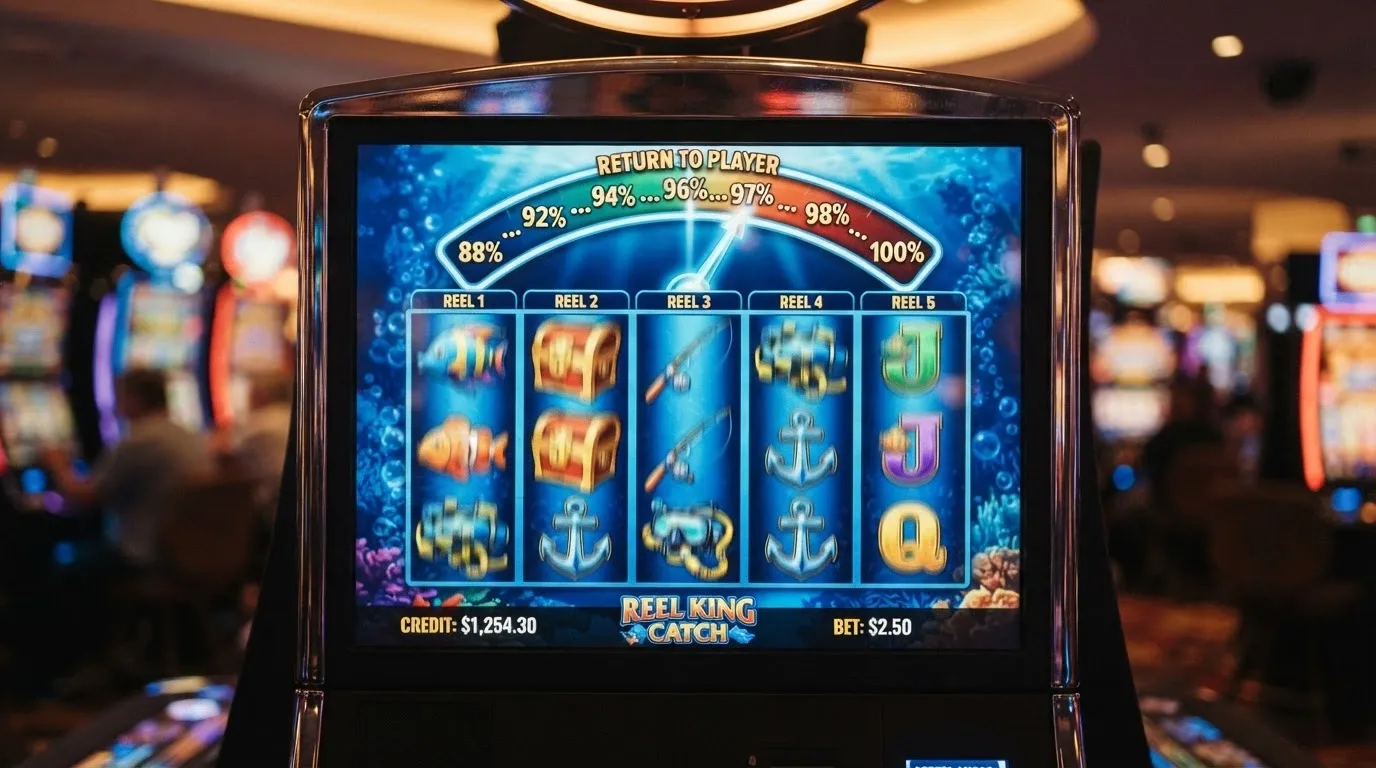 Online pokies reels showing RTP percentages for Big Bass Bonanza and Gates of Olympus with a return-to-player scale graphic