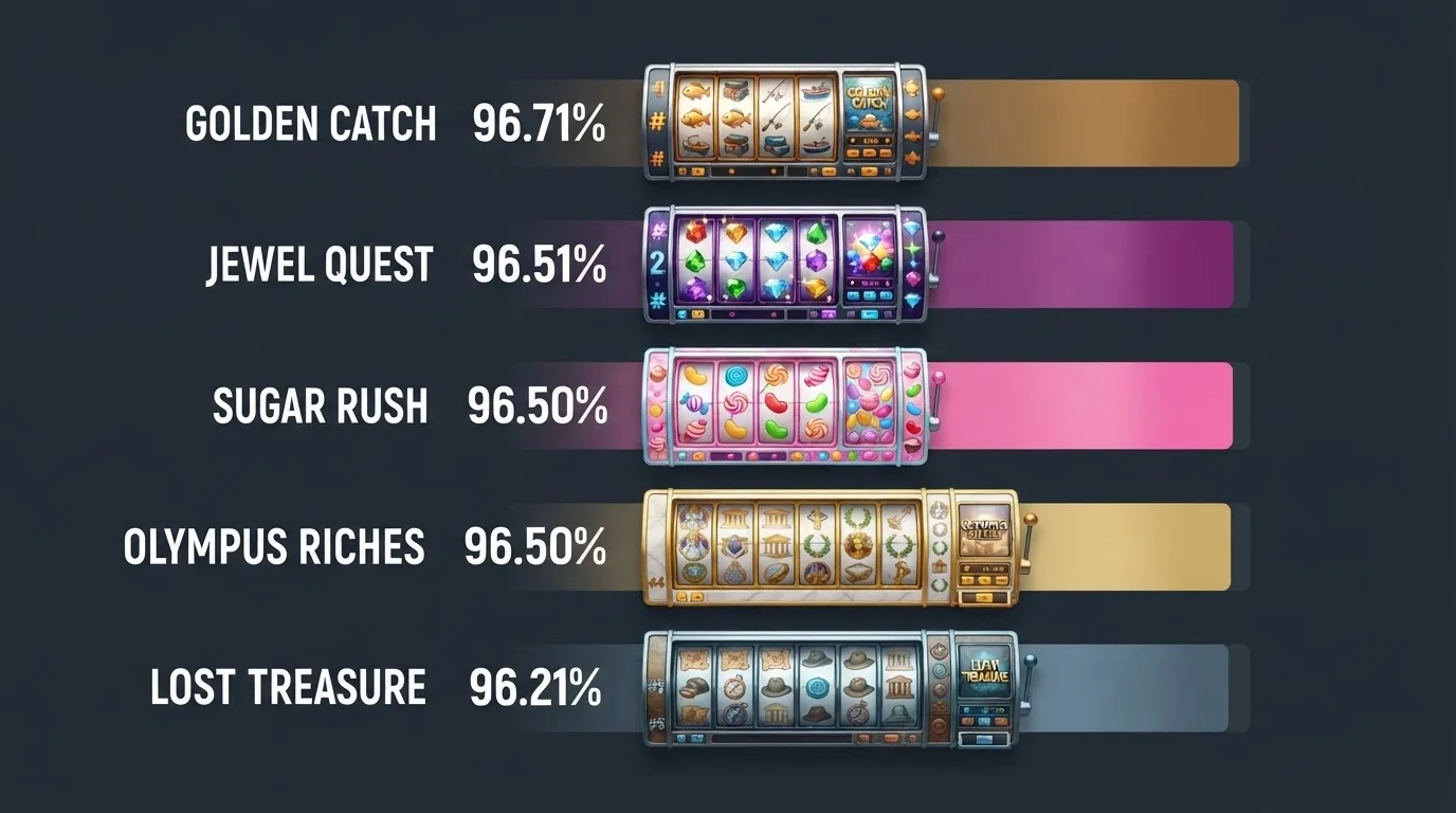 A visual ranking of five slot titles by RTP, with the provider logo beside each one