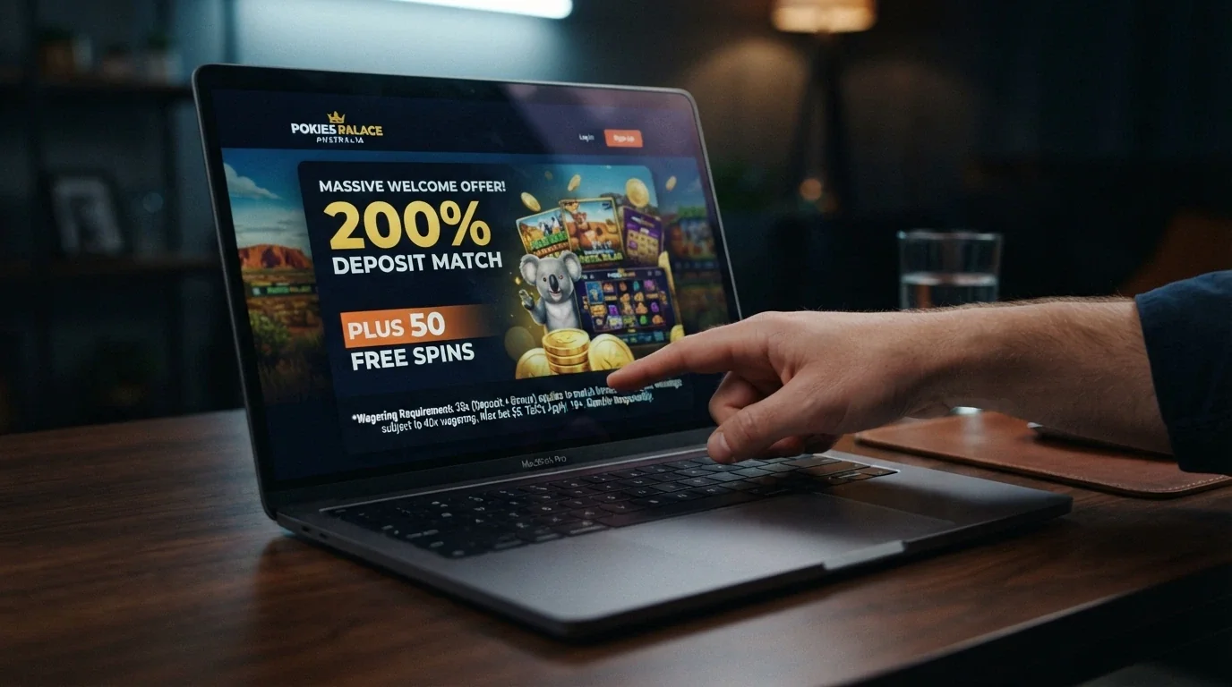 A casino promotion screen showing a deposit-match percentage, a free-spins count and a wagering-requirement label in the small print
