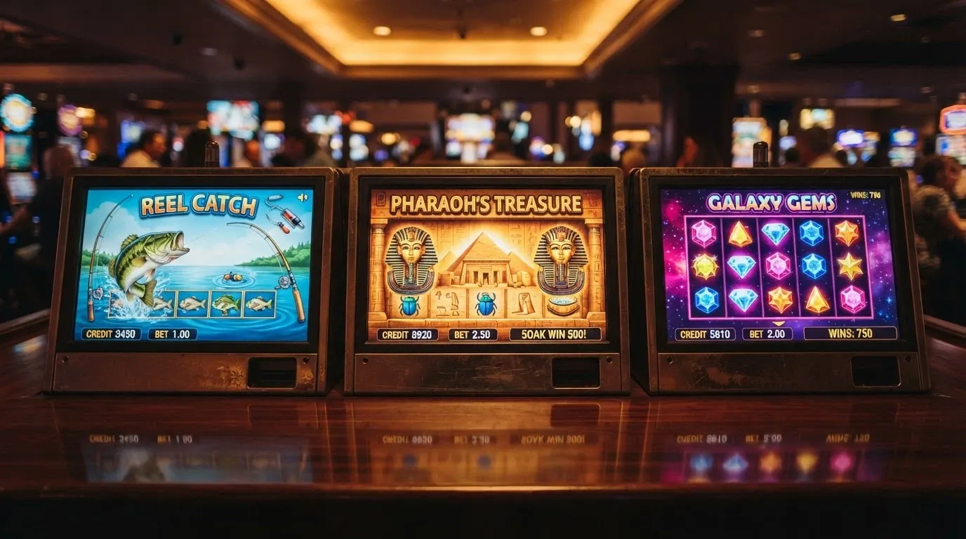 a collage of pokie title cards — Big Bass Bonanza, Aztec Magic, Starburst — with their provider logos beneath each title