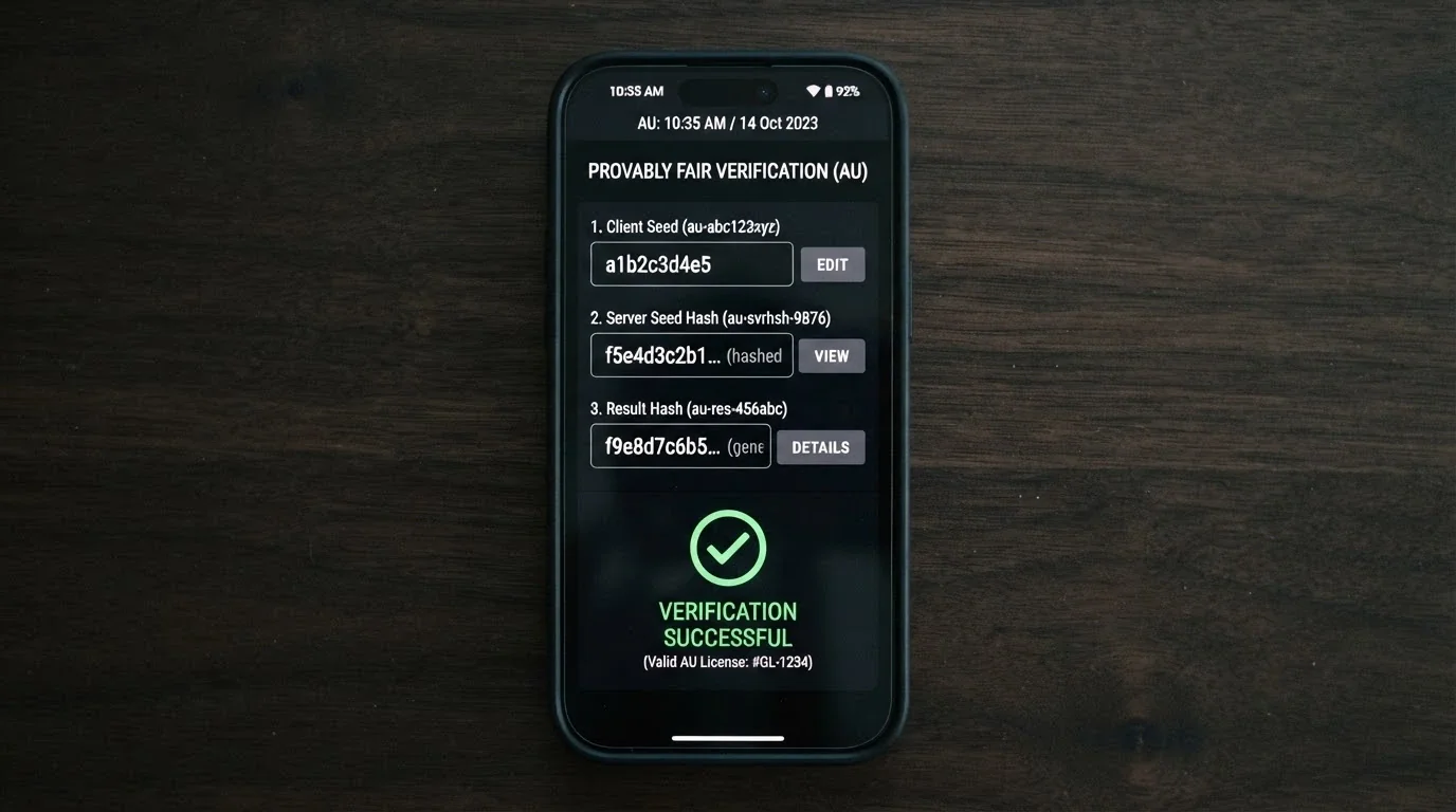 A close-up of a smartphone screen showing a provably fair verification tool — three fields labelled Client Seed, Server Seed, and Result Hash — with a green checkmark confirming the spin was fair
