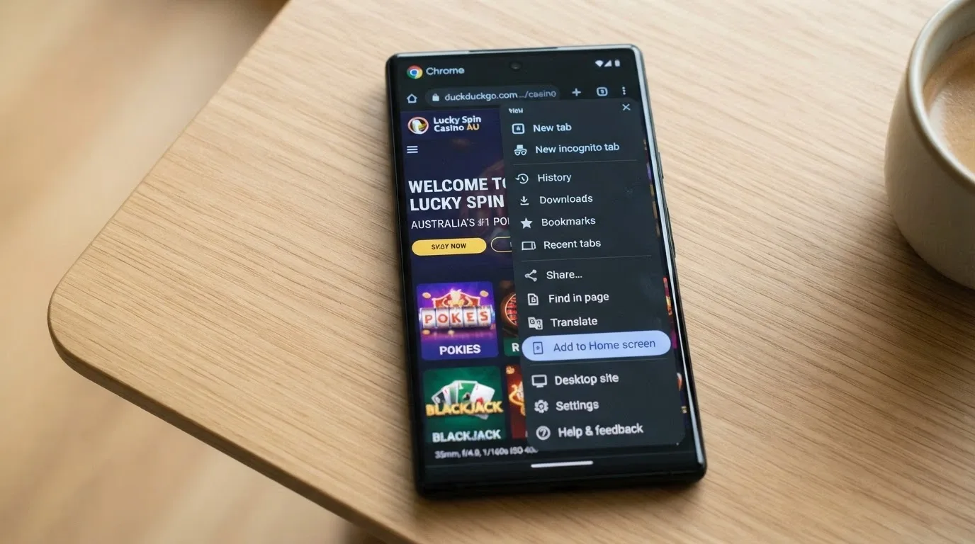 A close-up of an Android phone screen showing the browser menu with the “Add to Home Screen” option highlighted for a casino website