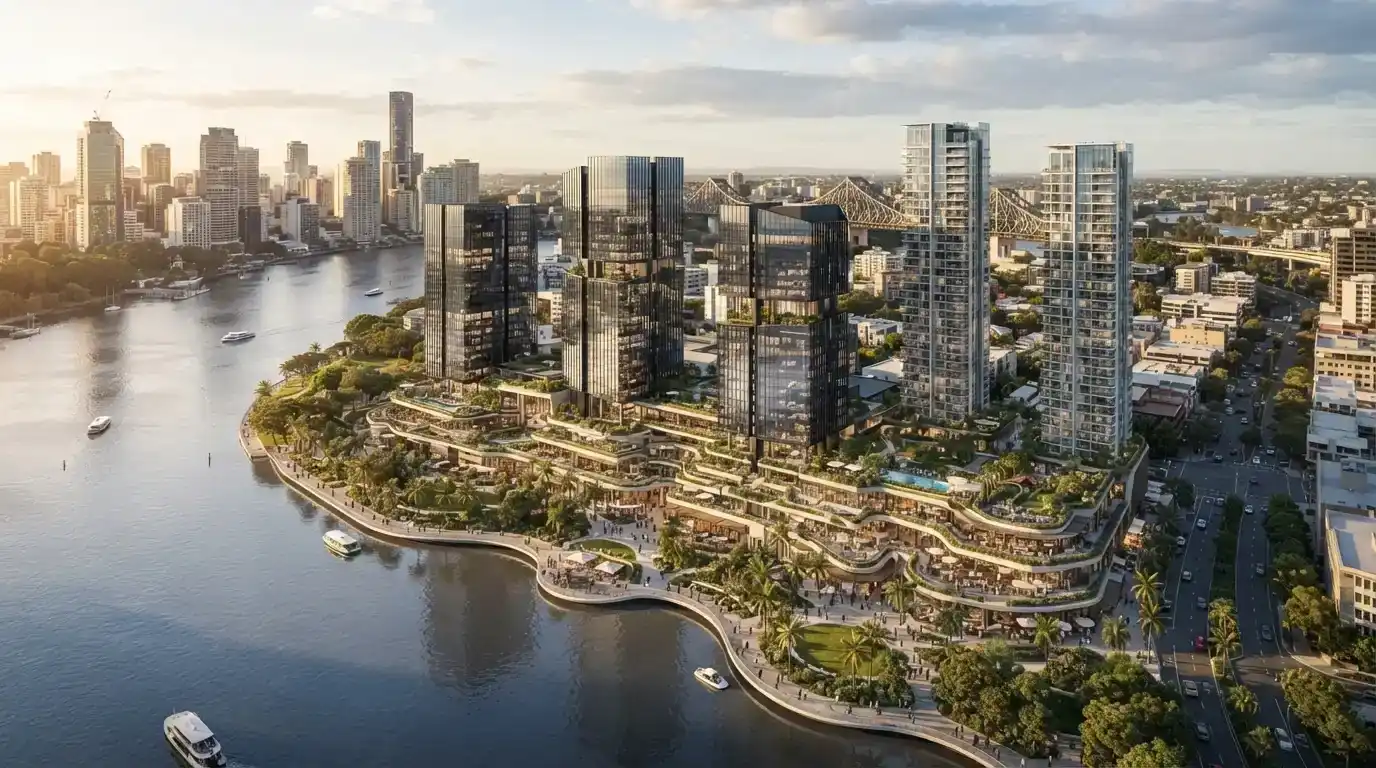 Architectural rendering of the fully completed Queen's Wharf Brisbane precinct showing all four hotel towers and two residential towers