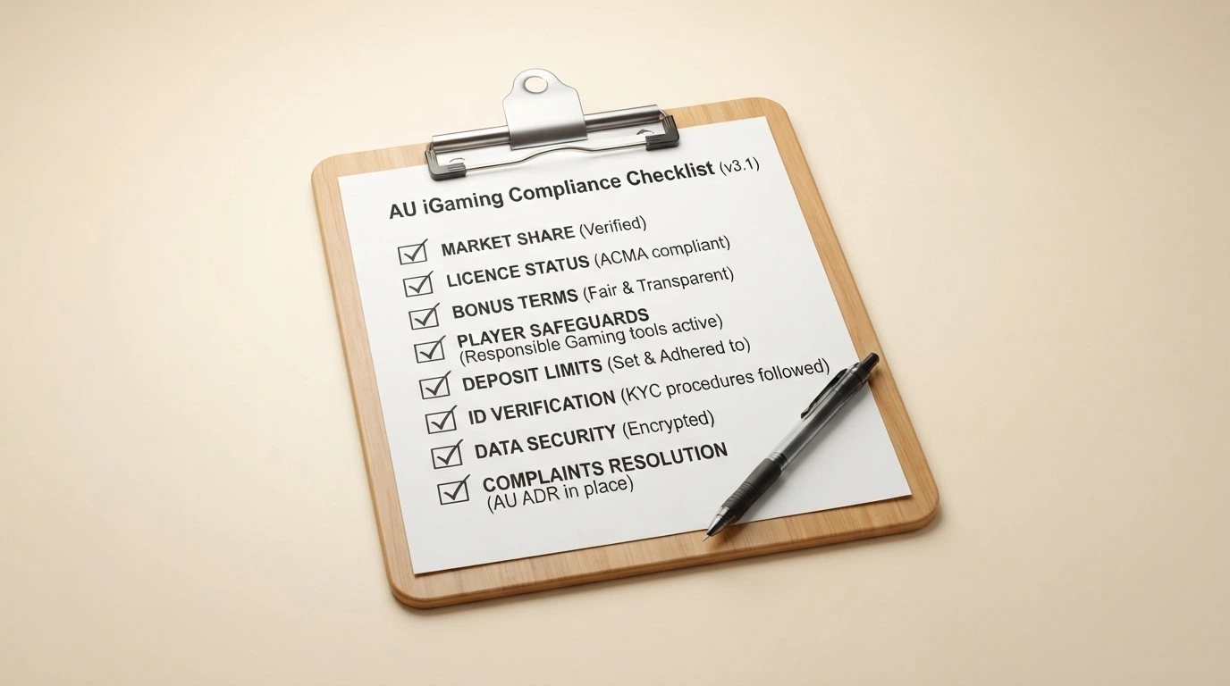 Checklist of ranking criteria — market share, licence status, bonus terms, player safeguards