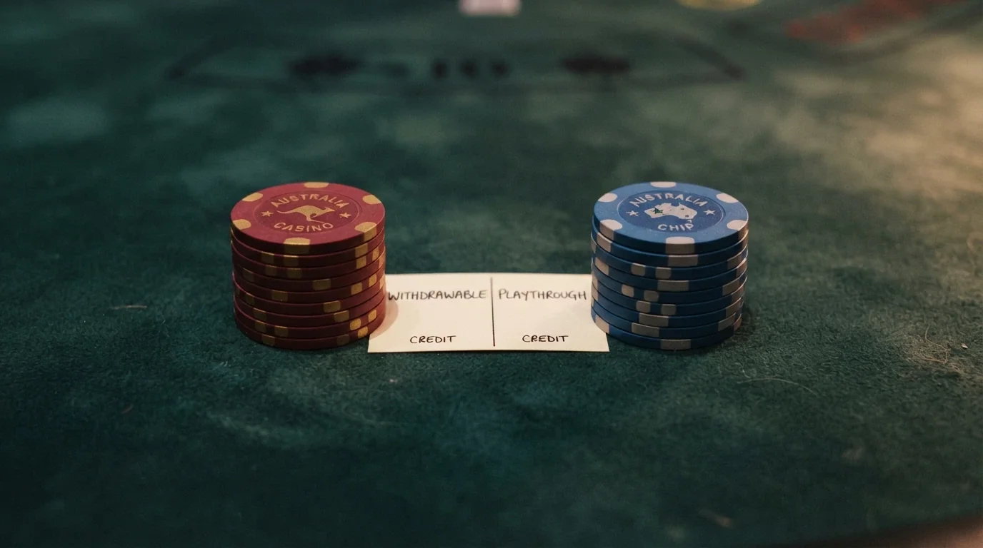 Two stacks of casino chips side by side — one labelled Real Cash (Withdrawable) and the other Bonus Credit (Wagering Required)