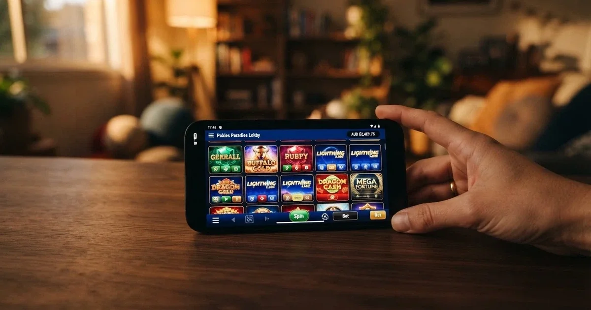 An Android smartphone held in landscape orientation showing a pokies game lobby with colourful game tiles and an AUD balance visible at the top of the screen