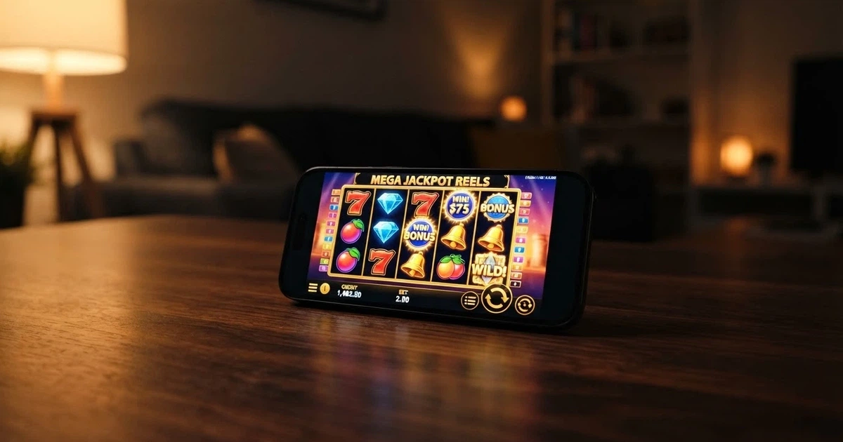 Smartphone screen displaying a row of colourful online pokie game icons on a casino app home screen