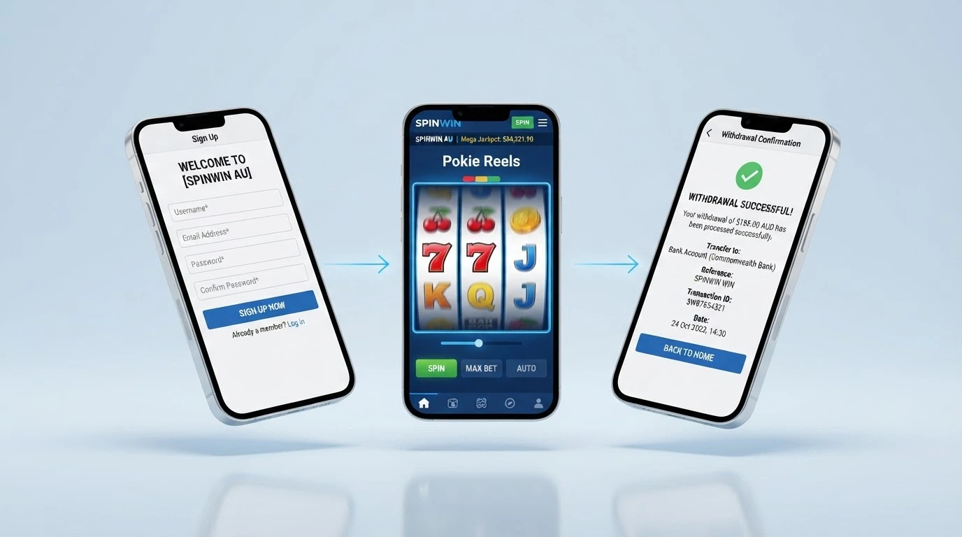 a simplified three-step diagram showing a mobile screen with a sign-up form, then spinning pokie reels, then a withdrawal screen with a dollar amount