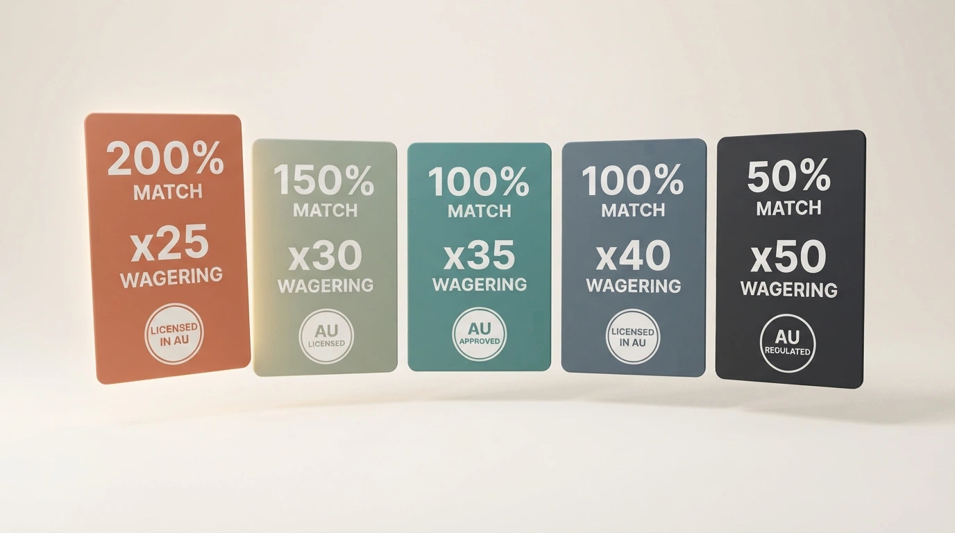 A visual table or card layout comparing reload bonuses: each operator gets a card with its reload match percentage, wagering multiplier and a small licence badge, arranged from lowest wagering to highest.
