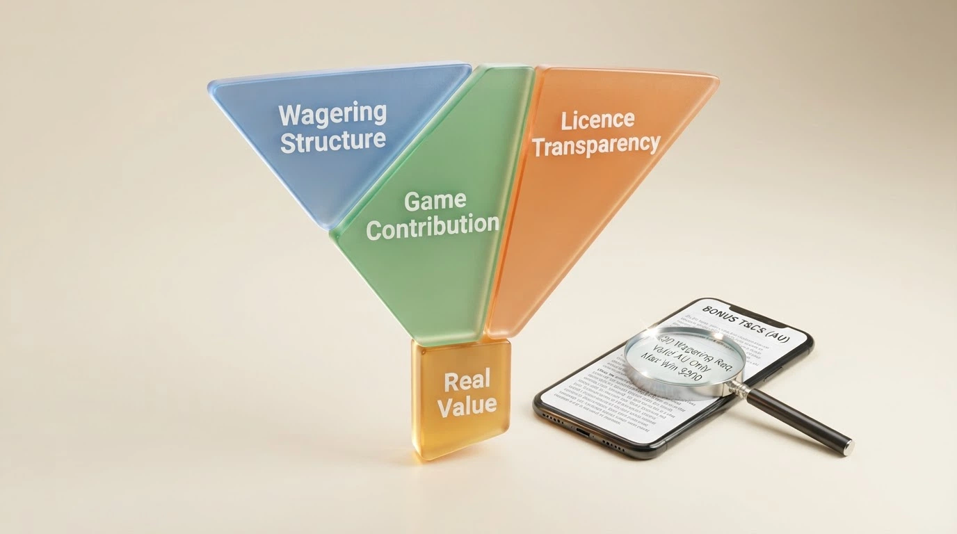 A decision-flow visual: three factors — wagering structure, game contribution and licence transparency — funnel into a single outcome labelled “Real Value of Your Reload,” with a magnifying glass over the fine print of a bonus terms pop-up.