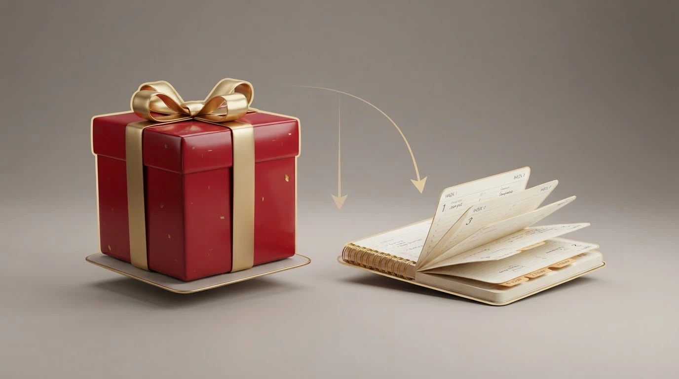 A side-by-side visual: a large wrapped gift box labelled “Welcome — Once Only” on the left, and a smaller recurring calendar icon labelled “Reload — Every Week” on the right, with a downward arrow from the gift-box side showing bigger numbers but tighter strings.