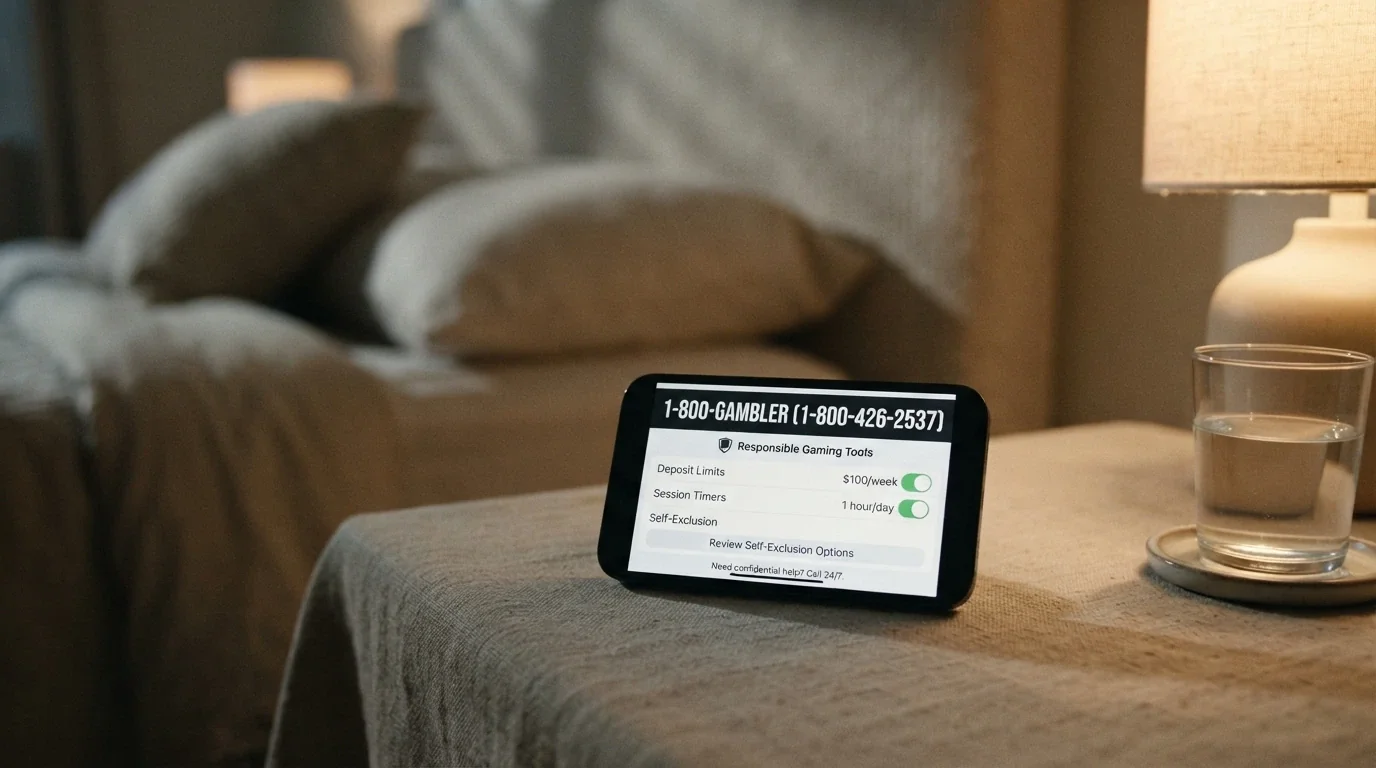 A phone screen showing the Gambling Helpline number 1800 858 858 and a self-exclusion settings page