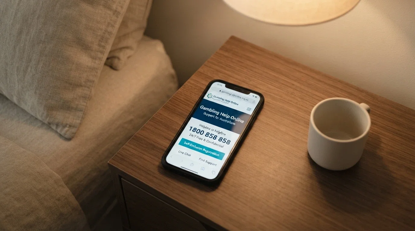 A smartphone screen showing the Gambling Help Online homepage with the 1800 858 858 helpline number prominently displayed beside a self-exclusion registration button