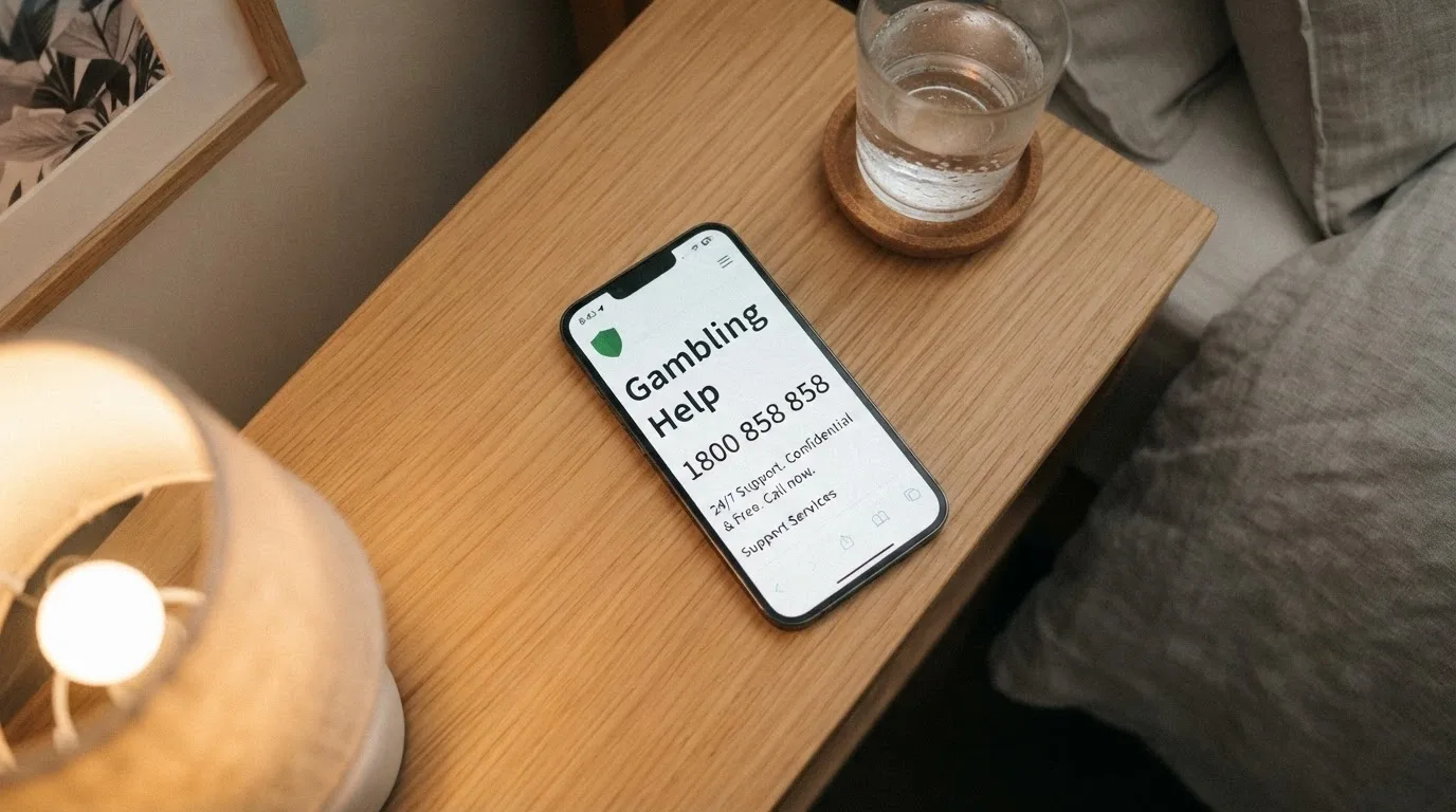 A phone displaying the Gambling Help Online homepage and the BetStop logo, with the National Gambling Helpline number 1800 858 858 prominently visible