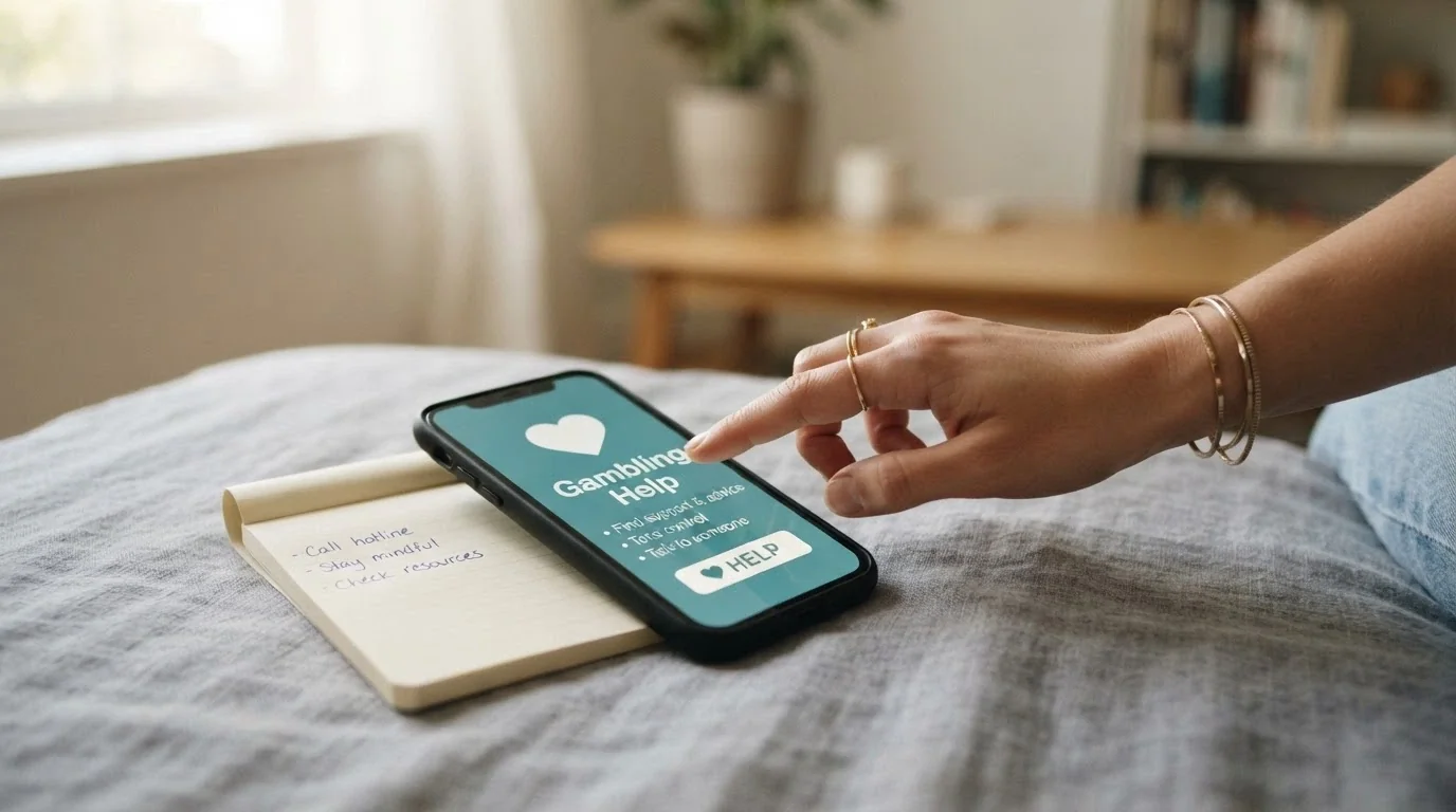 A calm, supportive visual — a hand reaching toward a help button or a phone with 1800 858 858 displayed