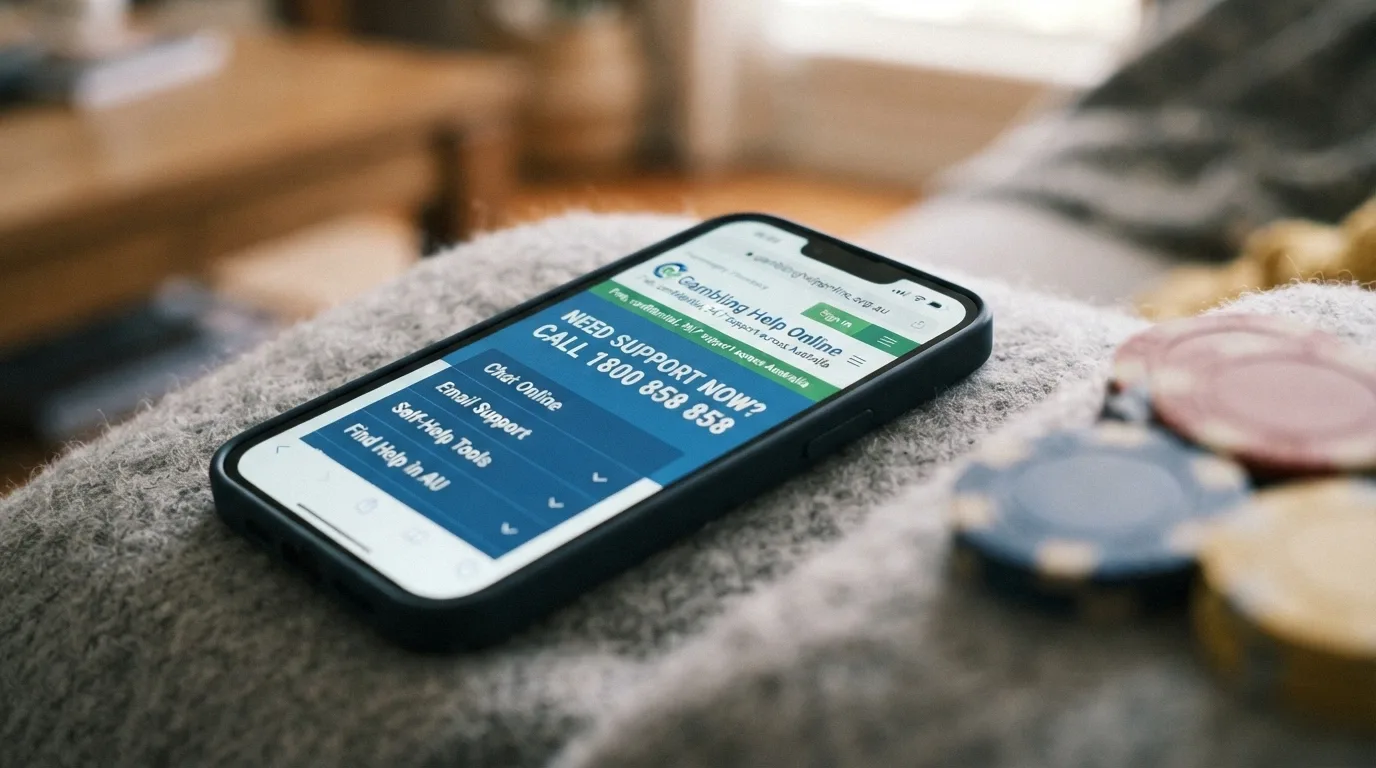 A smartphone displaying the Gambling Help Online homepage with casino chips deliberately set aside out of focus