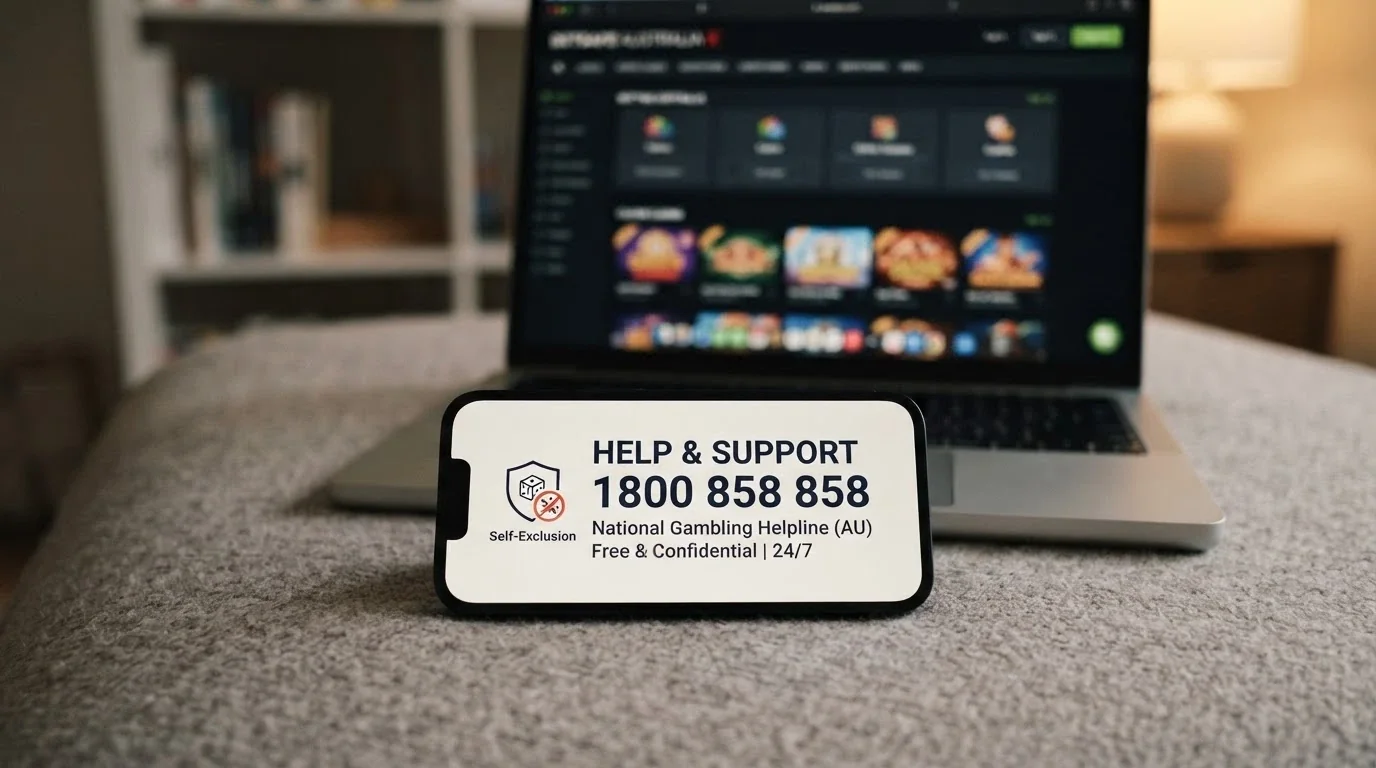A helpline number (1800 858 858) on a screen beside a self-exclusion icon, with a muted offshore casino interface in the background