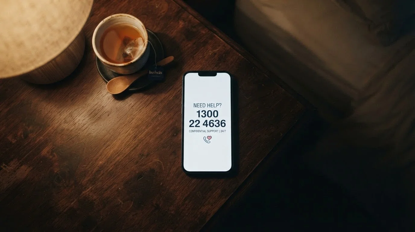 A close-up of a phone screen showing the number 1800 858 858 beneath the words “National Gambling Helpline — free, 24/7, confidential”
