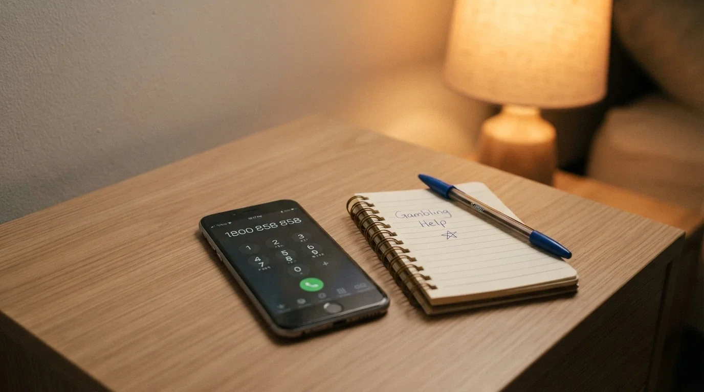 A close-up of a phone keypad with 1800 858 858 partially dialled, next to a notebook with “Gambling Help Online” written on it