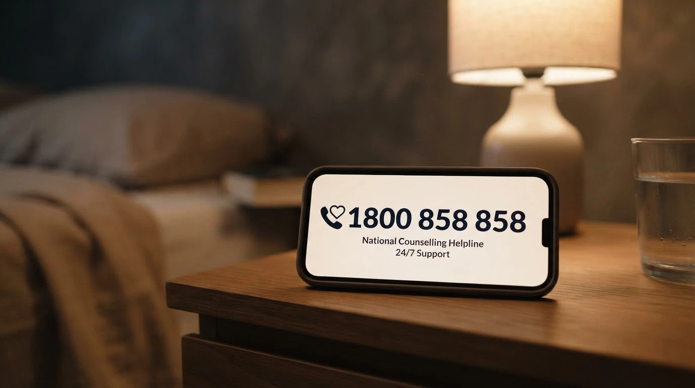 A phone handset with 1800 858 858 on the screen and the Gambling Help Online logo beside it