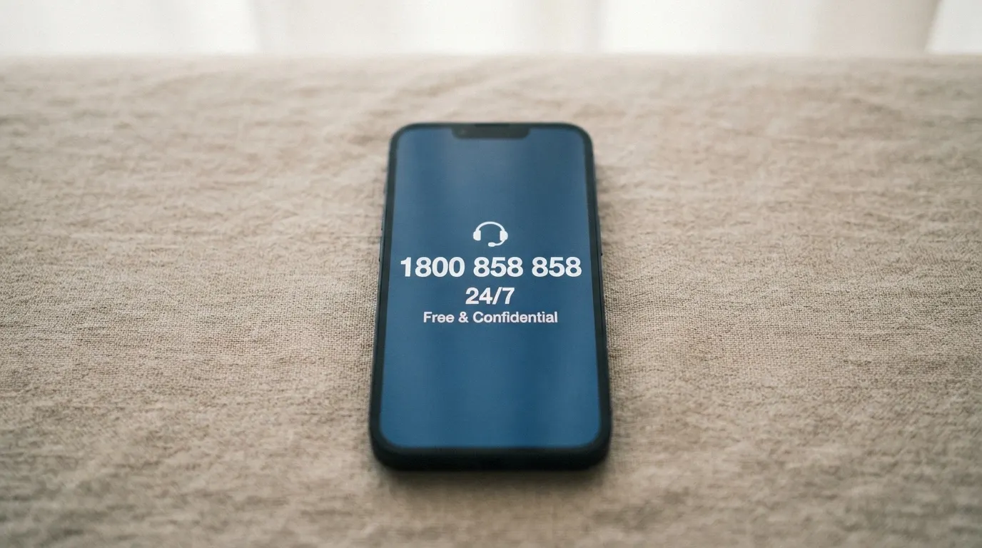 A plain phone screen showing the National Gambling Helpline number 1800 858 858 with 24/7 availability text