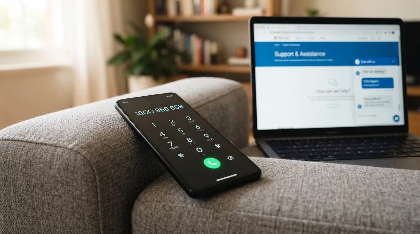A close-up of a phone dialler screen with 1800 858 858 entered, beside a Gambling Help Online page open on a laptop