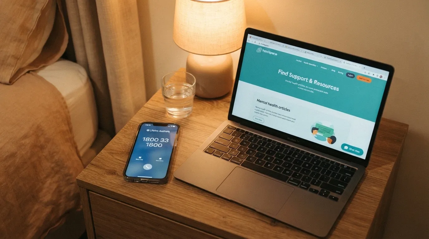 A helpline phone screen with 1800 858 858 displayed prominently beside a Gambling Help Online webpage