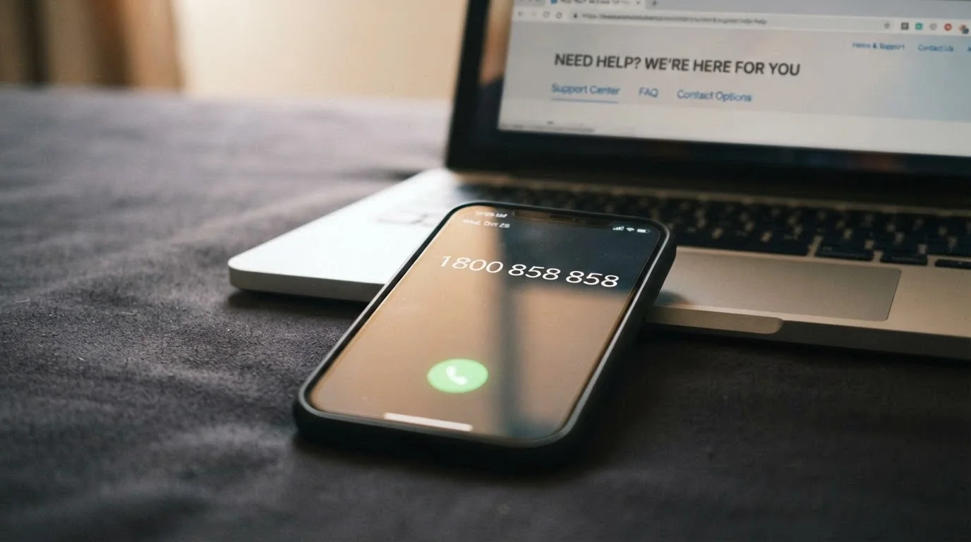 A close-up of a phone keypad with “1800 858 858” dialled in, the call button glowing green, a Gambling Help Online browser tab visible in soft focus behind it