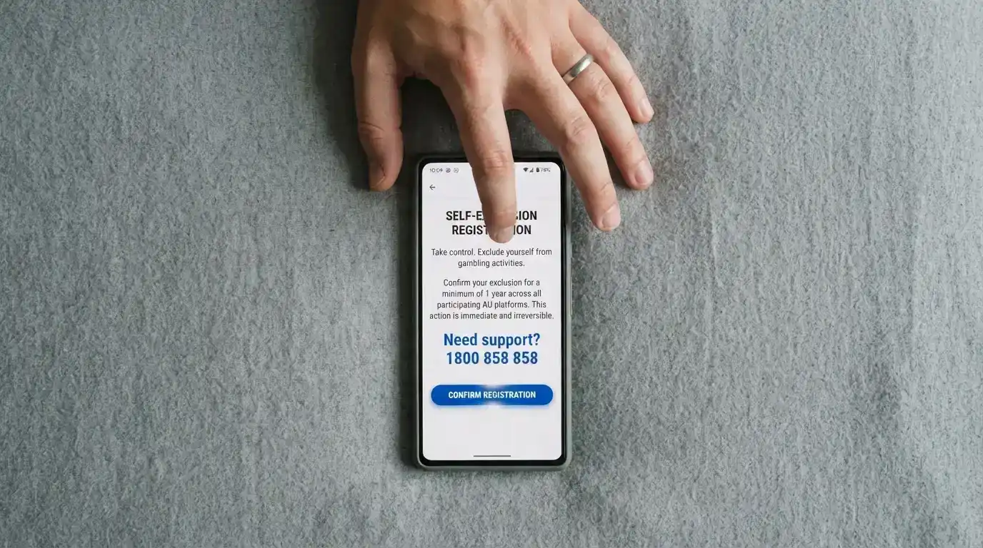 A hand hovering over a smartphone screen showing the BetStop registration page with the 1800 858 858 helpline number visible