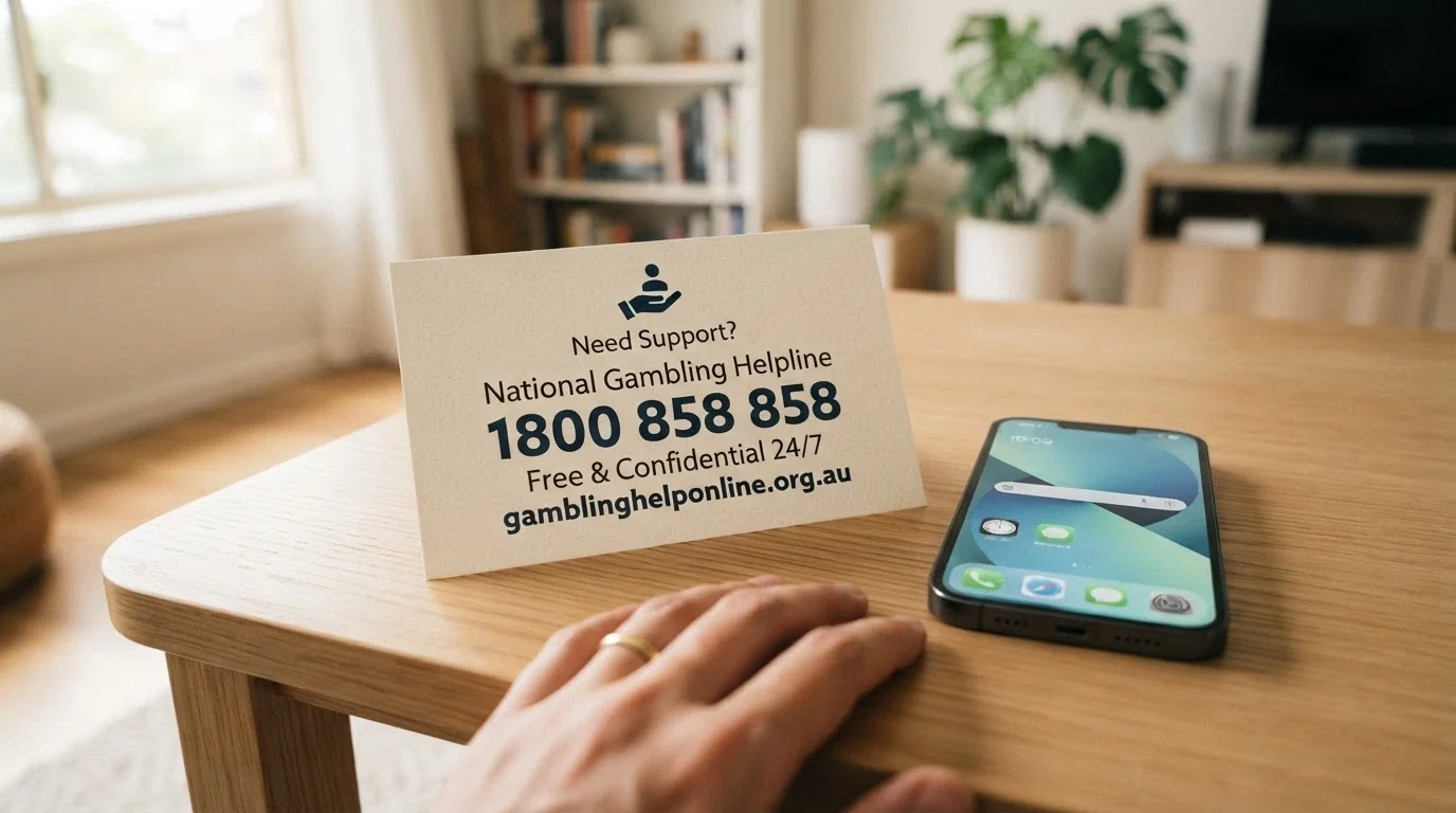 A close-up of a support information card showing the National Gambling Helpline number 1800 858 858, beside a smartphone displaying the Gambling Help Online homepage.