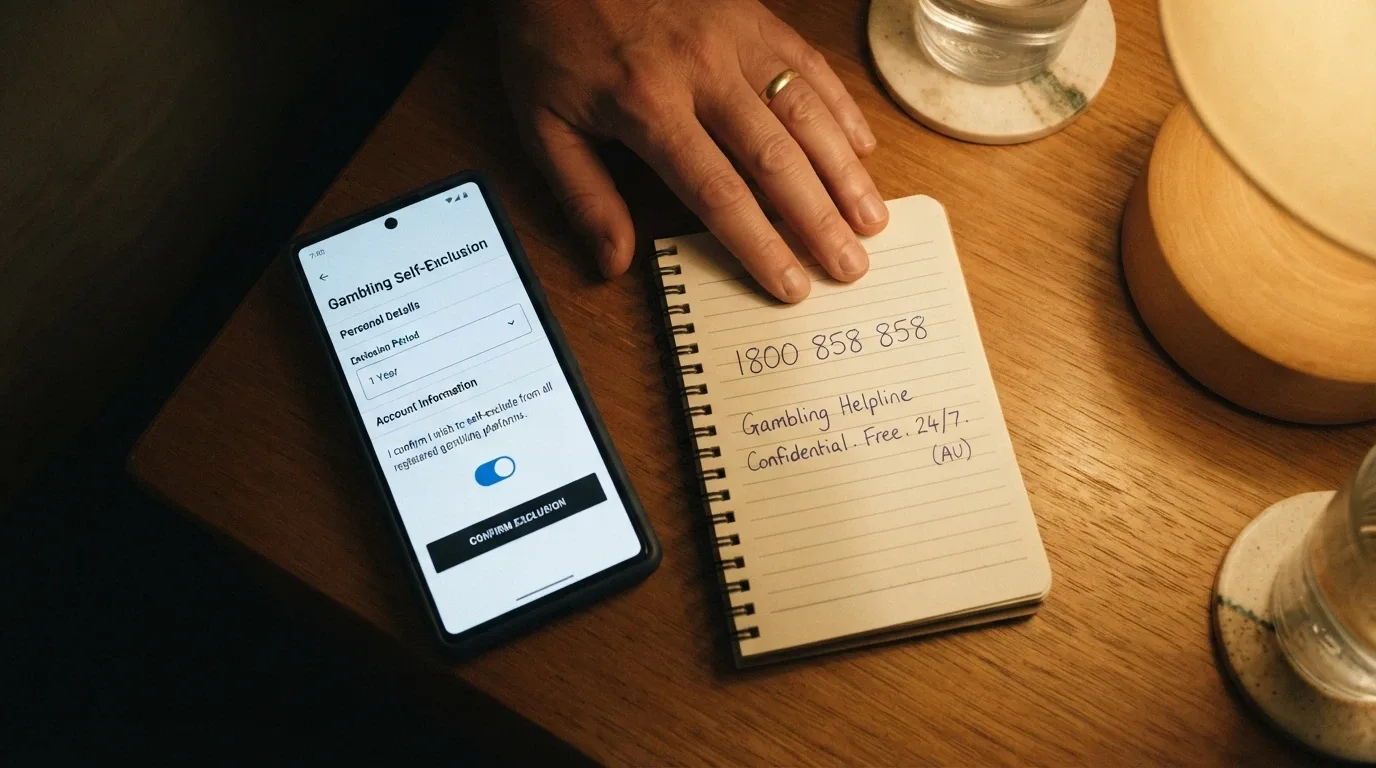A smartphone showing a self-exclusion registration screen beside a notepad with the National Gambling Helpline number 1800 858 858 written on it