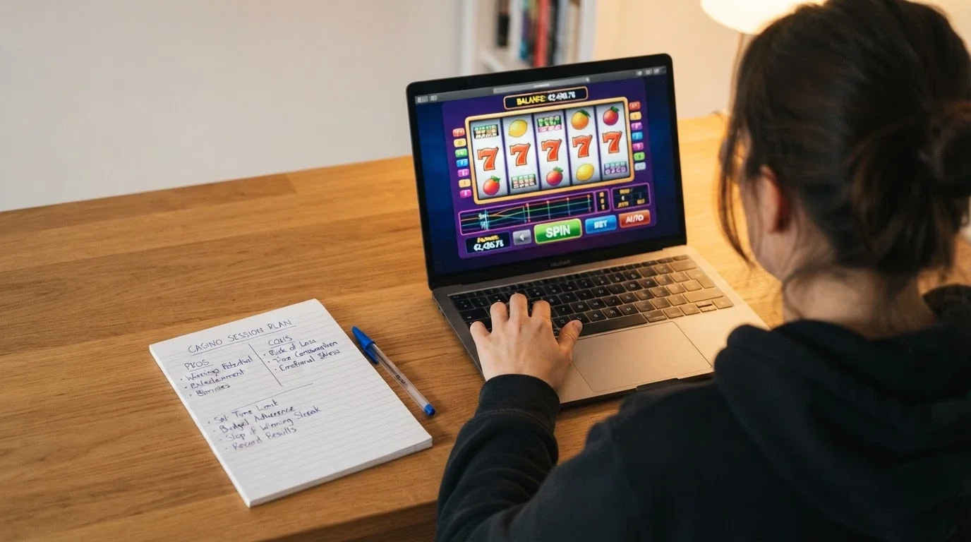 A person sitting at a desk with a laptop open to a casino site, one hand on the keyboard and a notepad with a handwritten pros-and-cons list beside the mouse