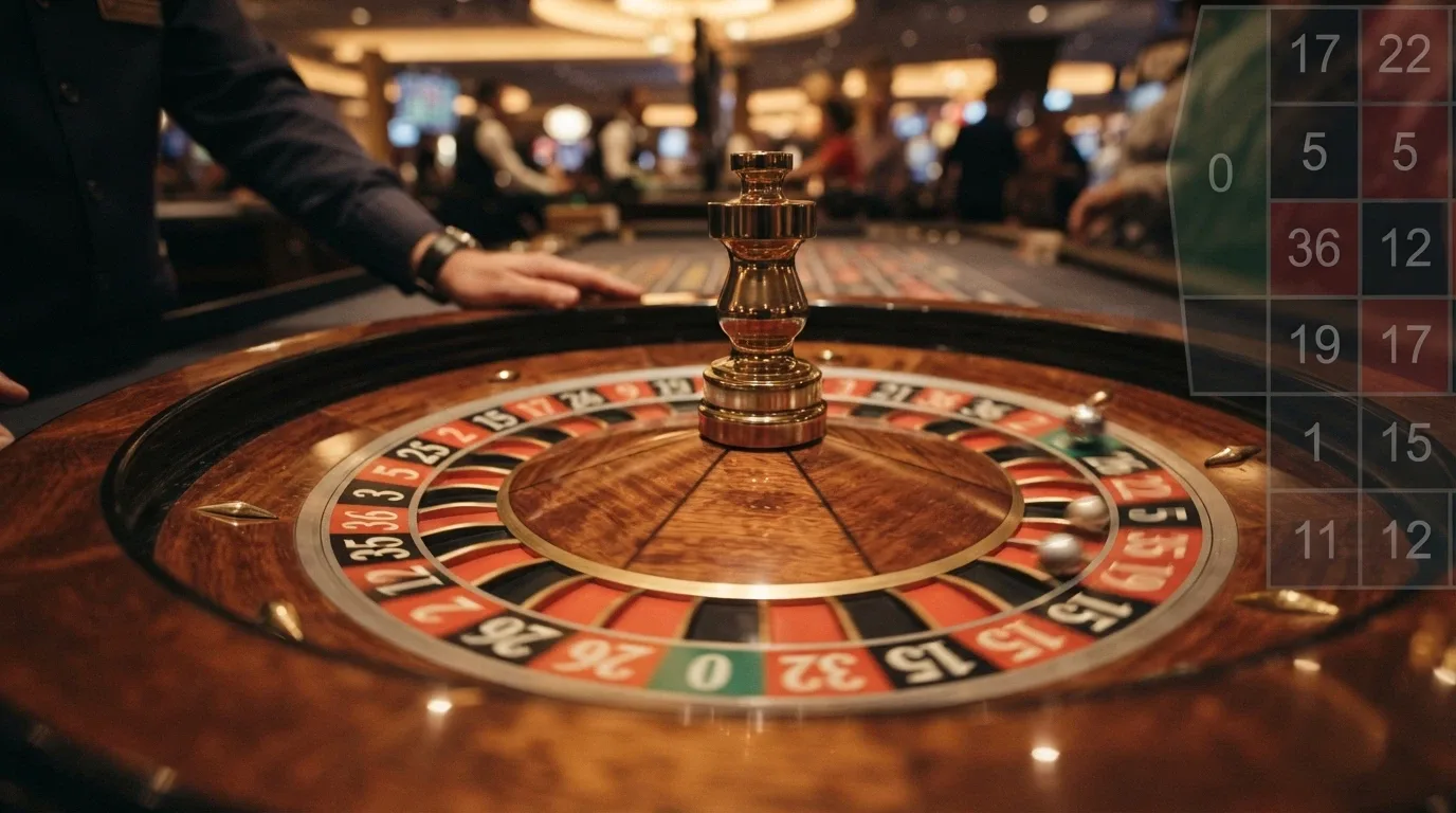 A close-up of a European roulette wheel mid-spin with the ball visible in the track, the betting grid shown on the screen overlay and the dealer standing beside the wheel.