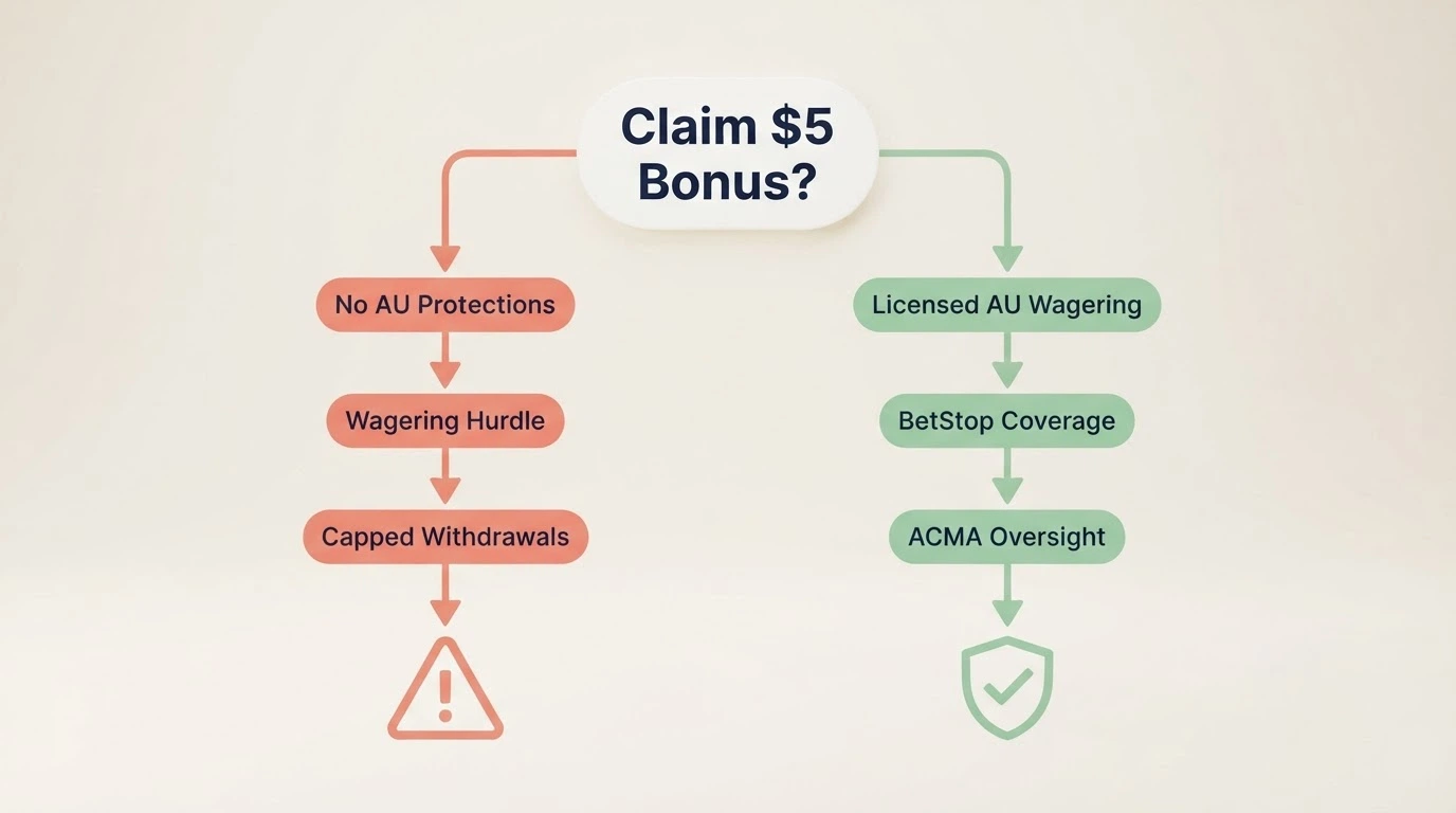 A decision-flow visual showing two paths — the offshore casino route (no protections, wagering hurdle, capped withdrawals) and the licensed AU wagering alternative (BetStop, ACMA oversight, credit ban)