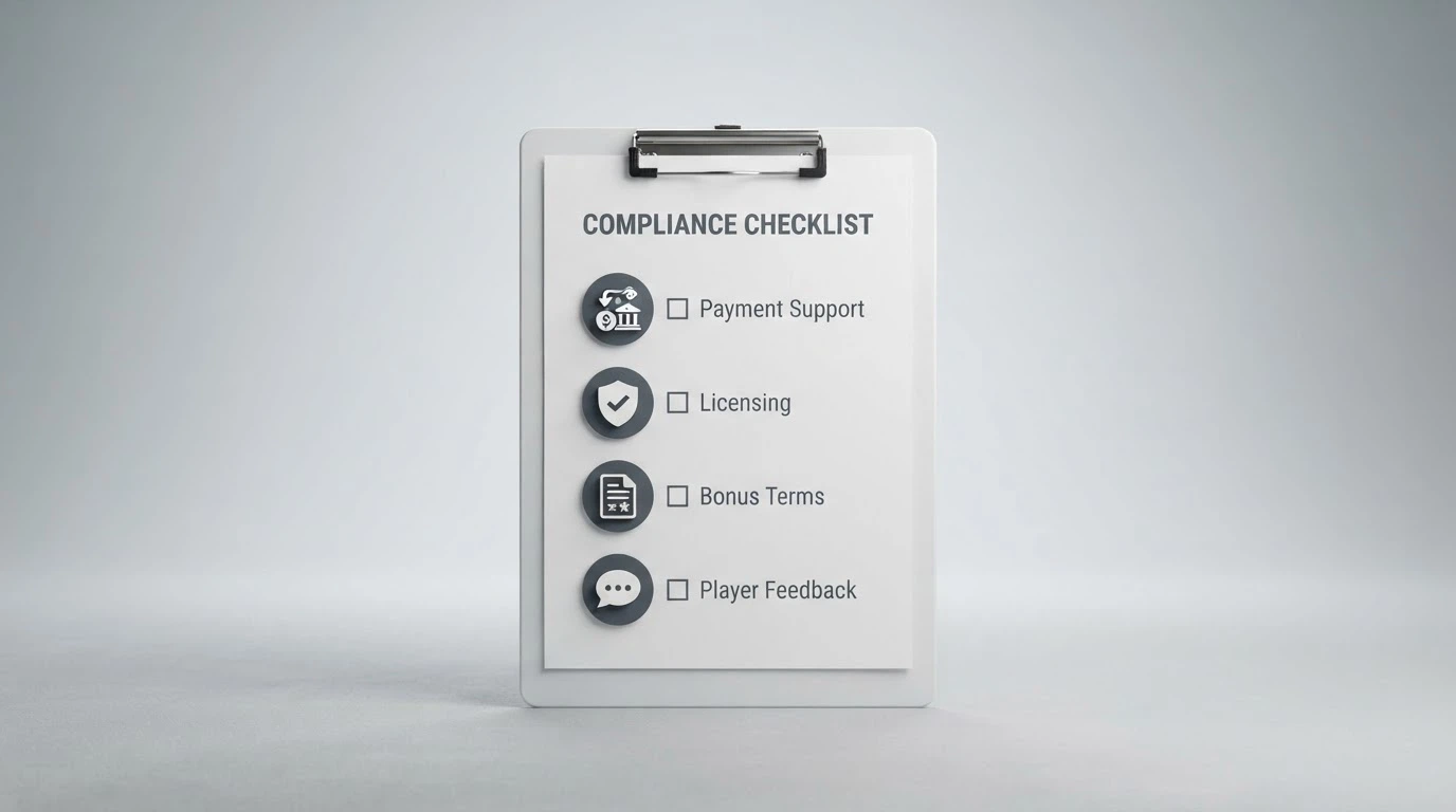 A checklist-style visual with icons for PayID support, licence check, bonus terms audit and player feedback