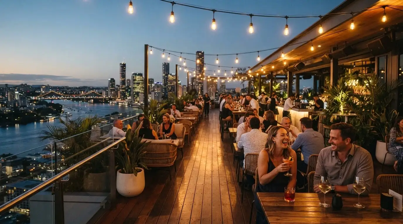 The Sky Deck rooftop runway 100 metres above Brisbane with bar seating, ambient lighting and panoramic river views