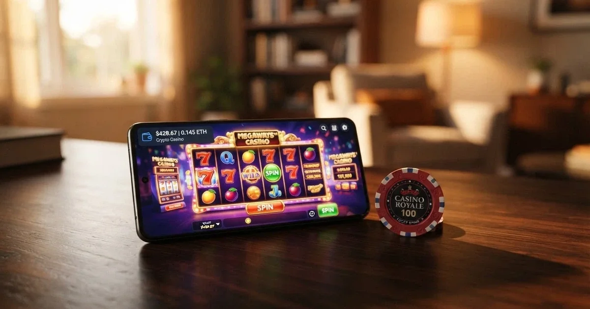 A split-screen showing a Phantom wallet balance on one side and a casino game lobby on the other, with the Solana logo connecting them