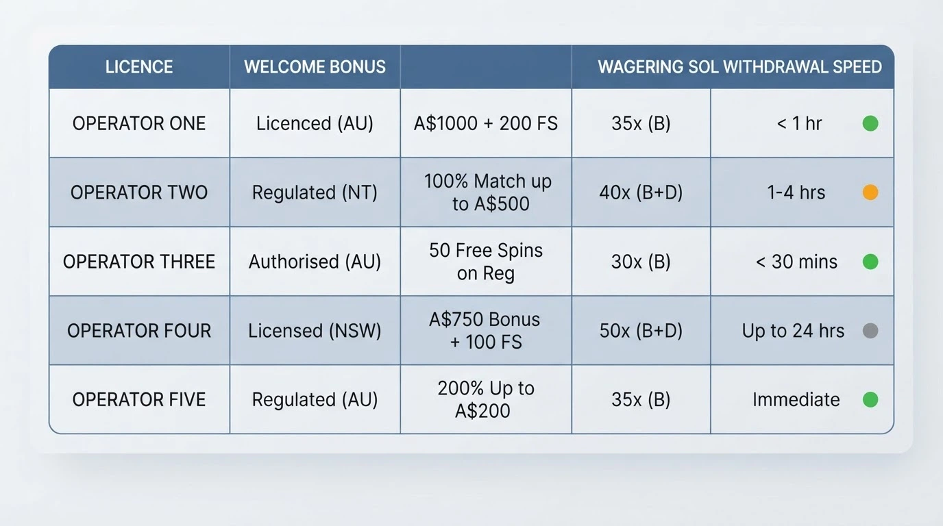 A comparison grid showing operator names aligned against columns for licence, bonus, wagering and SOL withdrawal speed